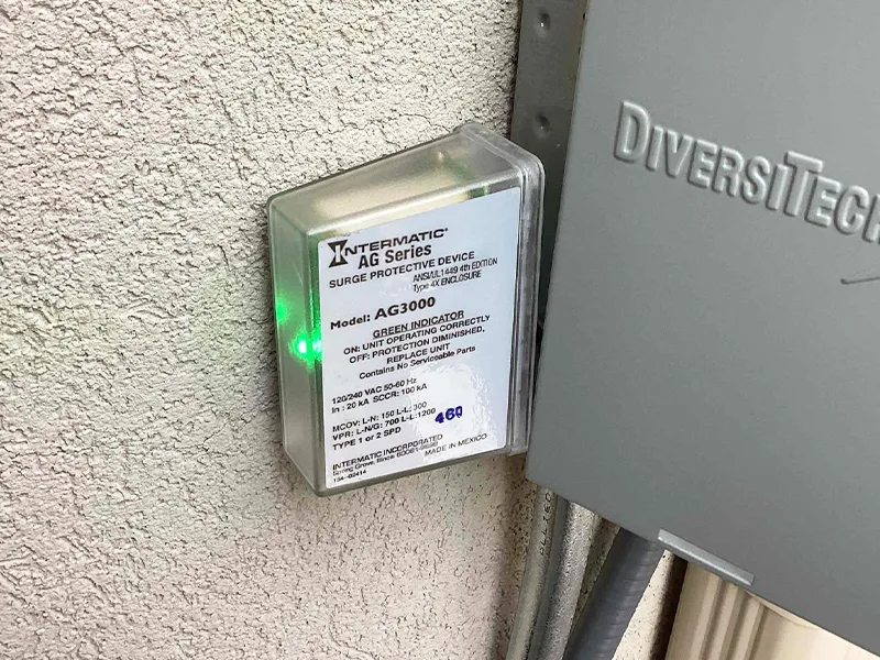 A whole-home surge protector mounted at the panel