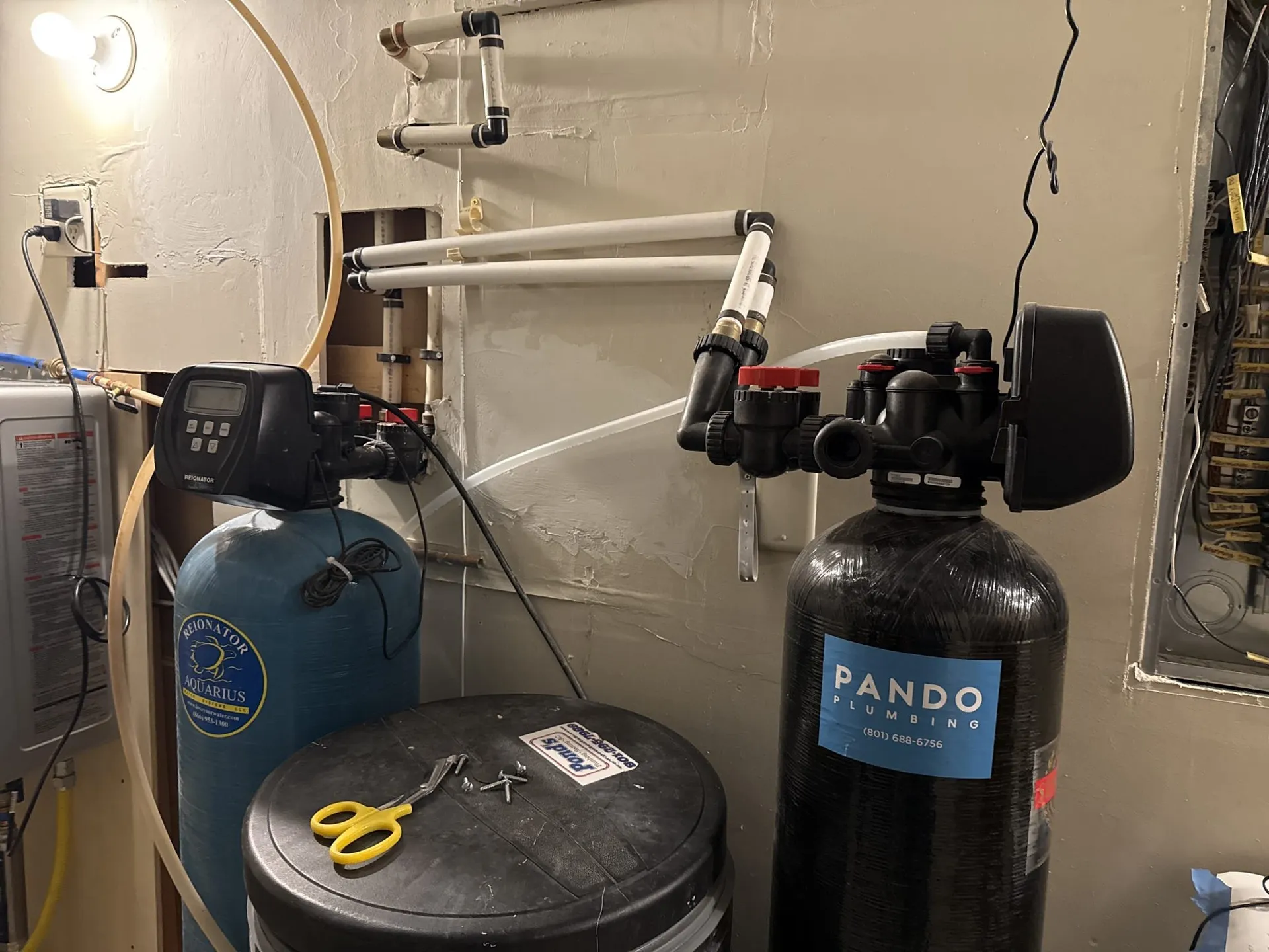 A whole-home softener install, plumbed and ready